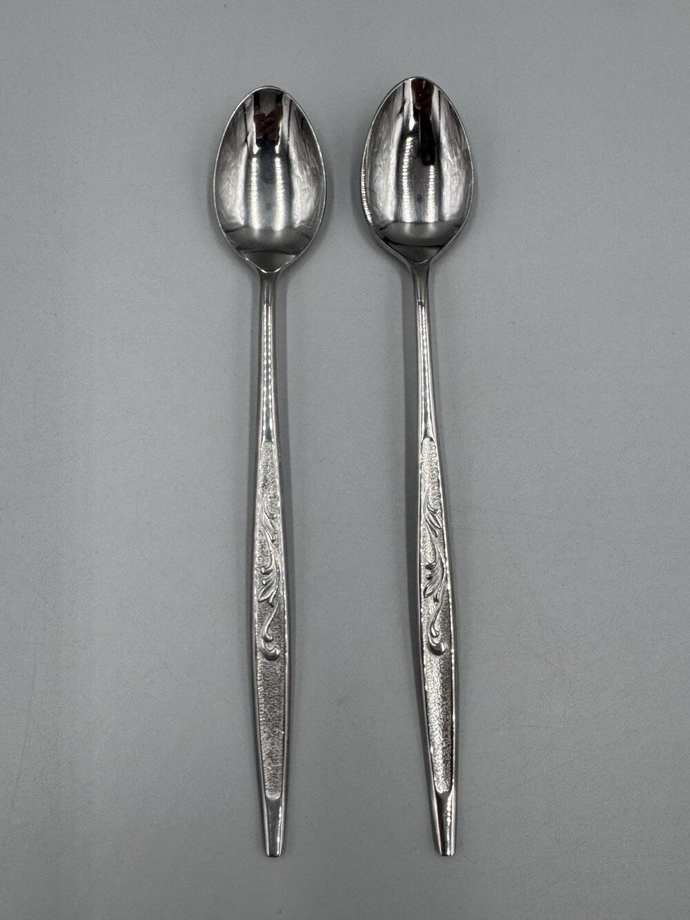 Carlton Japan Woodcrest Iced Tea Spoons Set Of 2 Stainless Carved Leaf Design